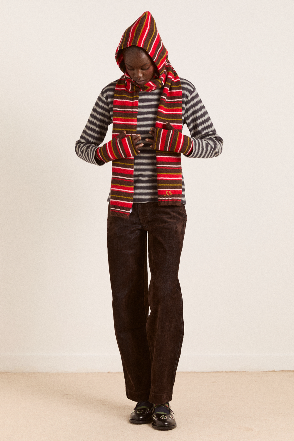 hooded scarf - choc multi stripe