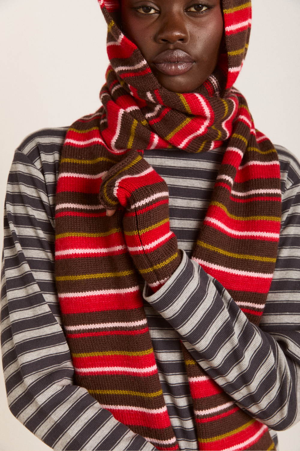 hooded scarf - choc multi stripe