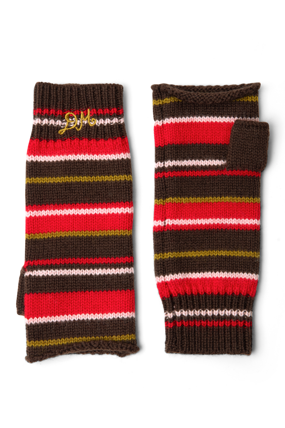 fingerless mittens - choc multi stripe