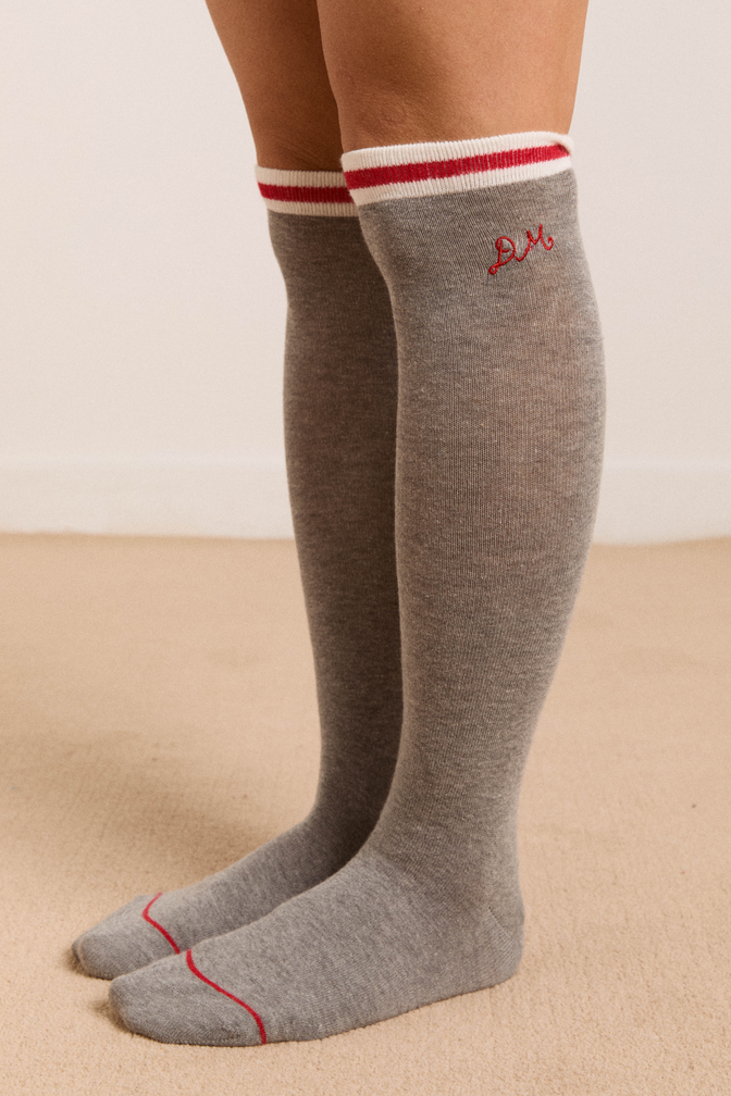 high knee sock - grey marl with red stripe