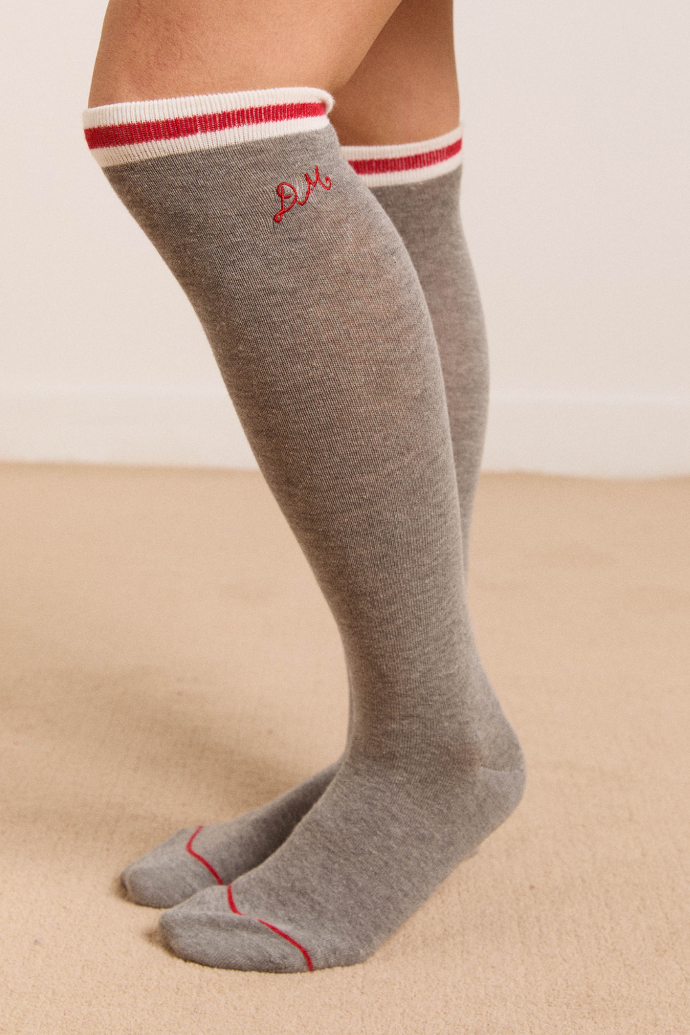 high knee sock - grey marl with red stripe