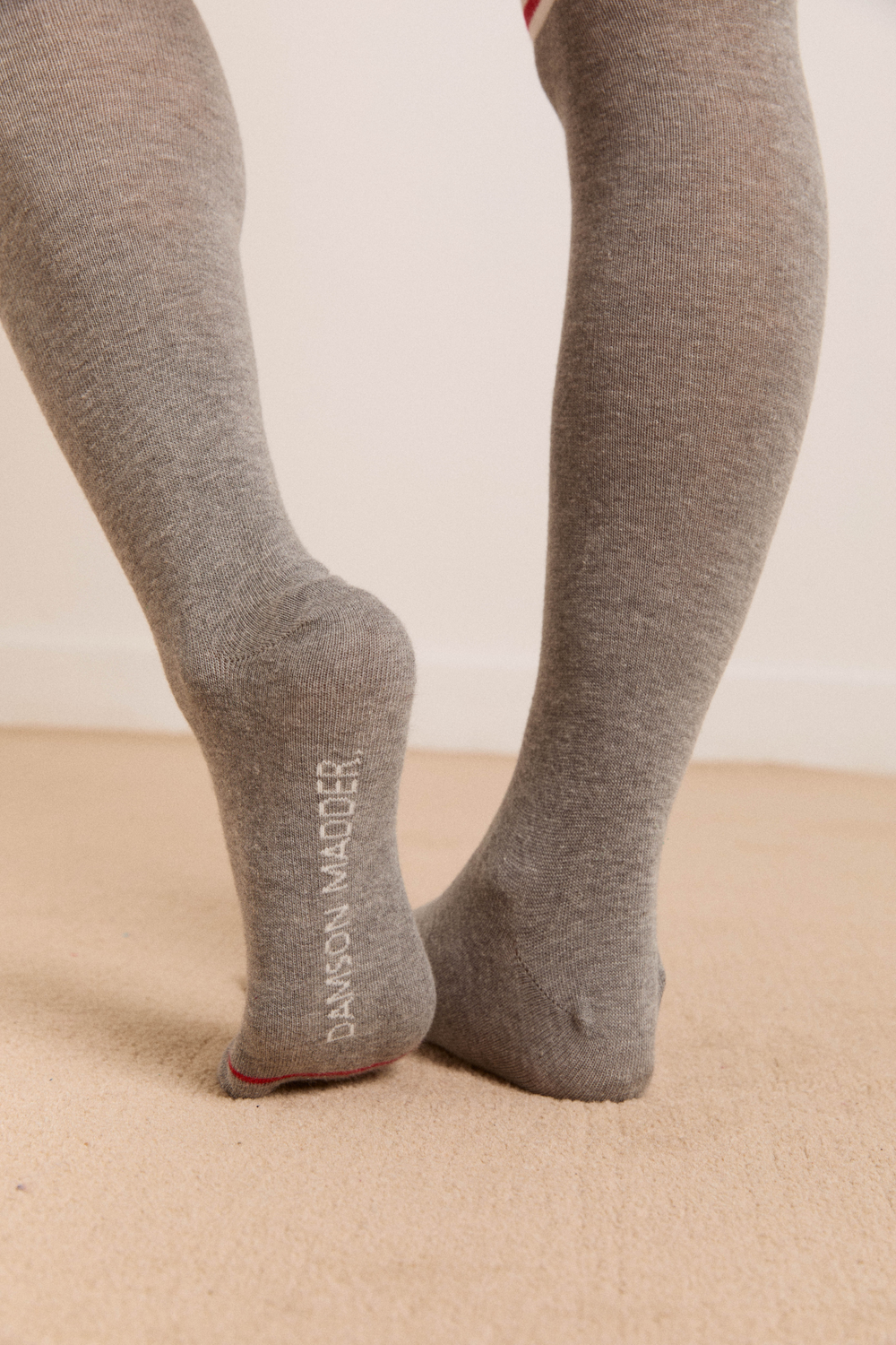 high knee sock - grey marl with red stripe