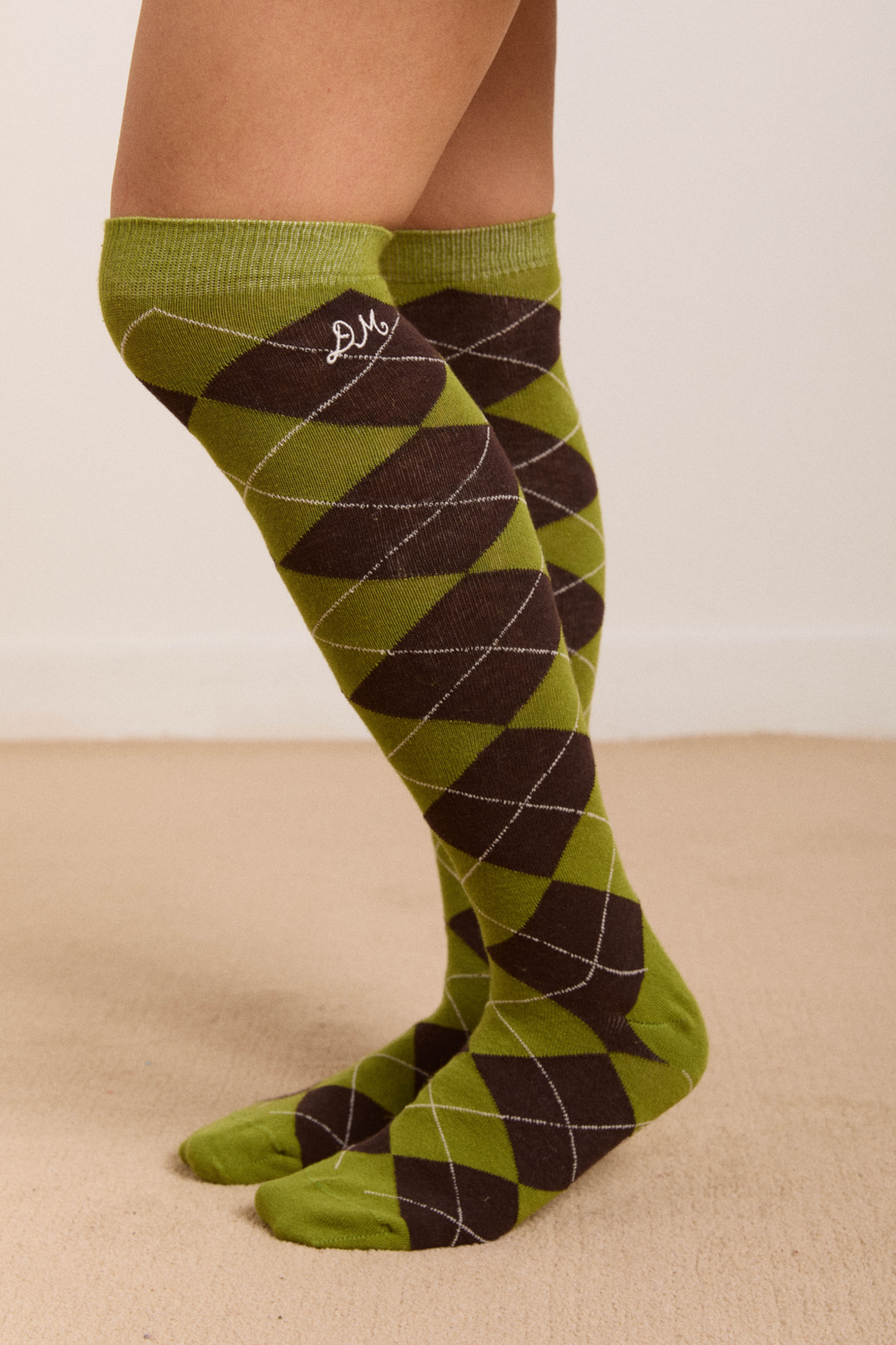 knee length argyle socks - olive/burg