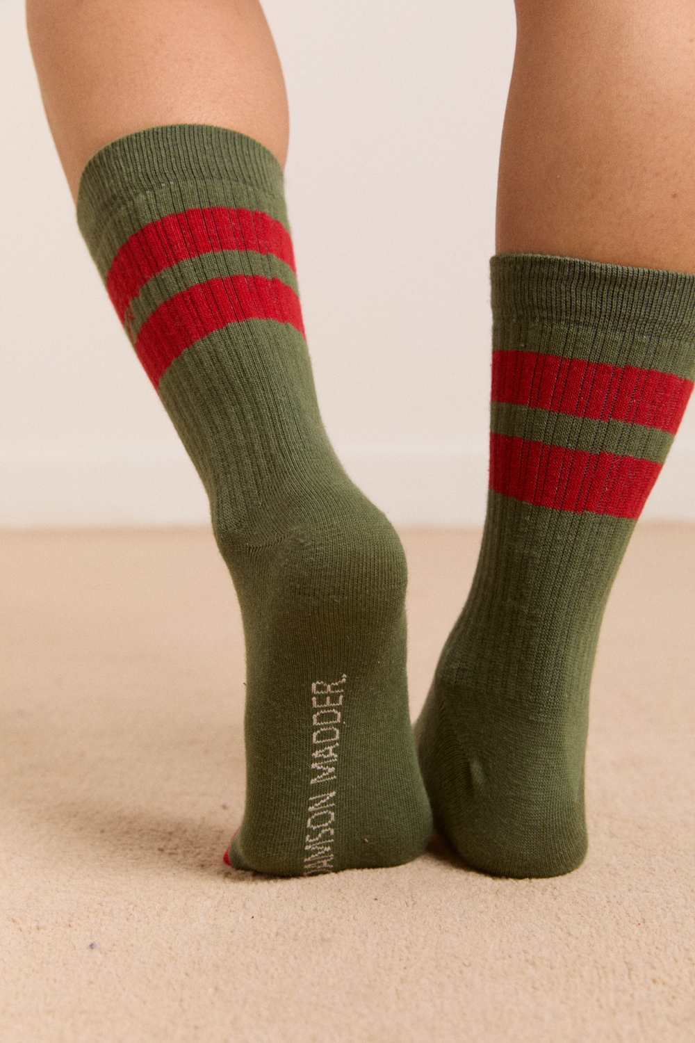 sporty calf length socks - olive and red stripe