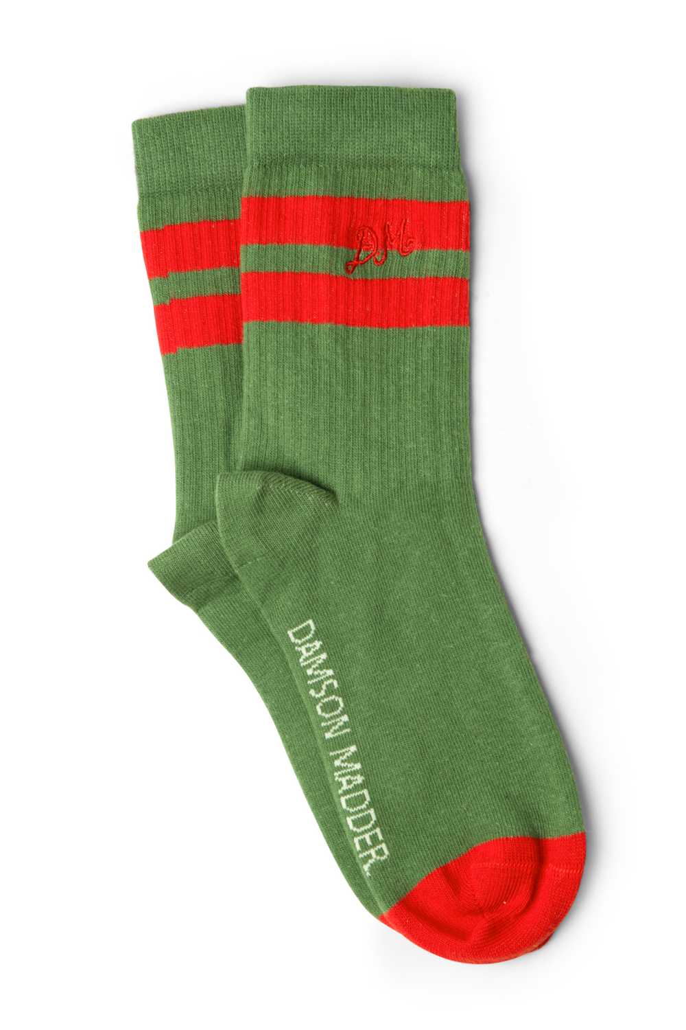 sporty calf length socks - olive and red stripe