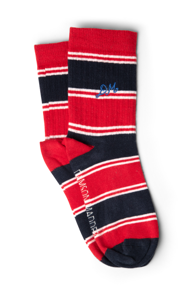 sporty calf length socks - red/navy multi stripe