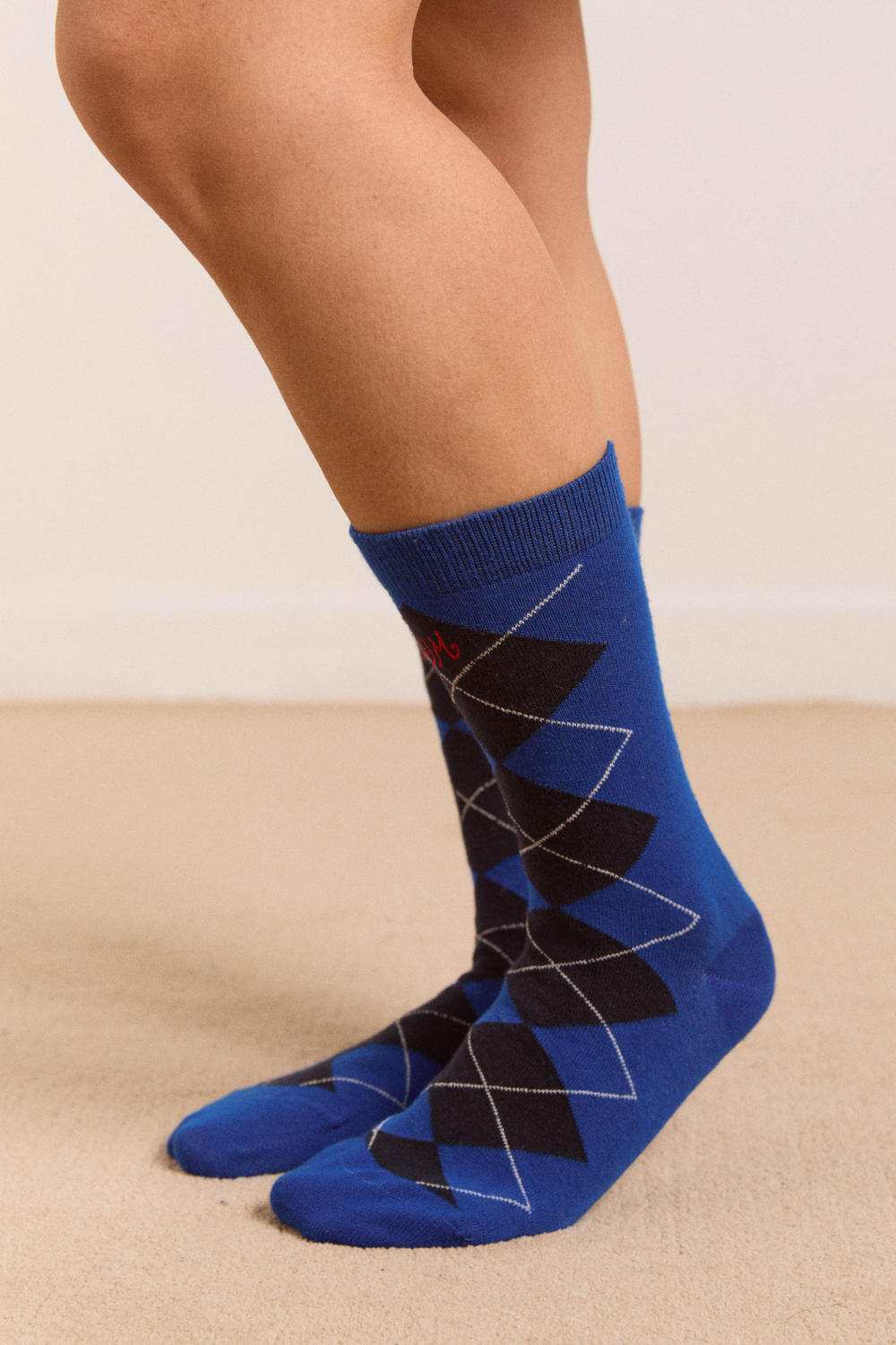 calf length argyle socks cobalt/grey