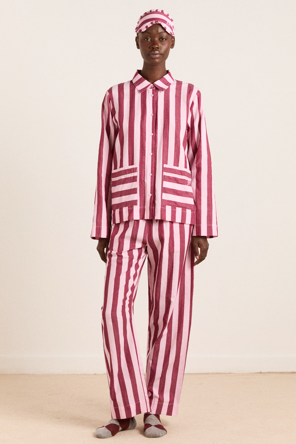florie pj set - burg/pink wide stripe