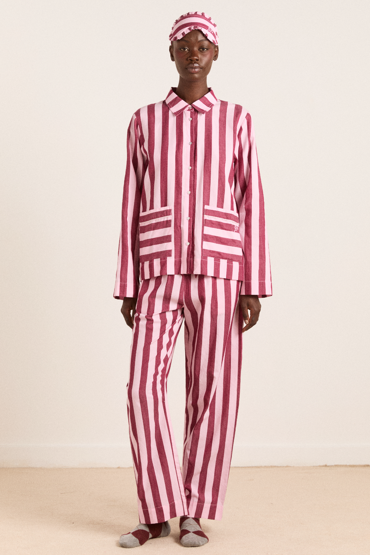 florie pj set - burg/pink wide stripe