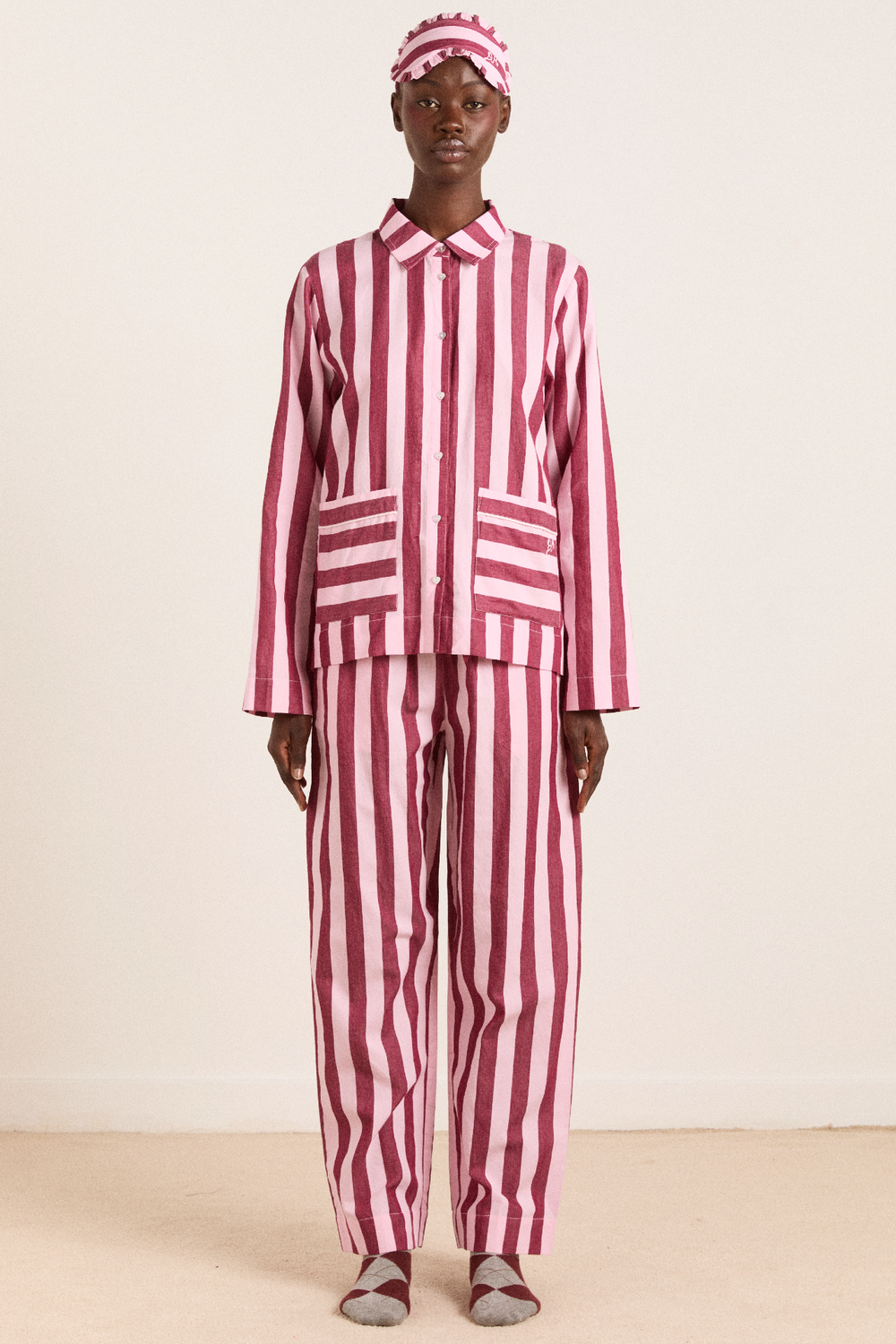 florie pj set - burg/pink wide stripe