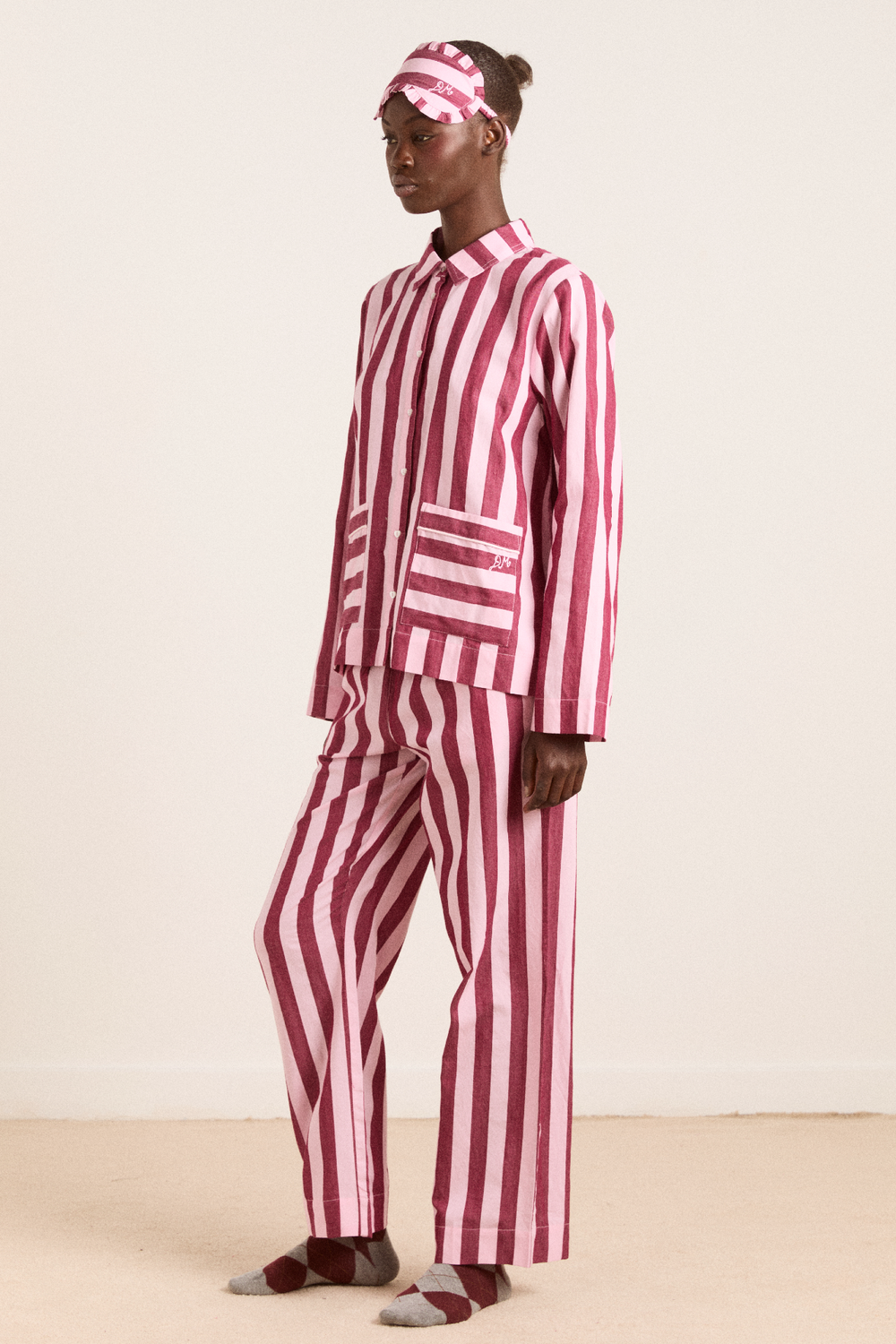 florie pj set - burg/pink wide stripe