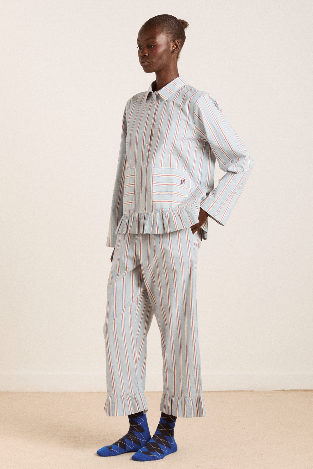 frill florie pj set - blue/burg stripe