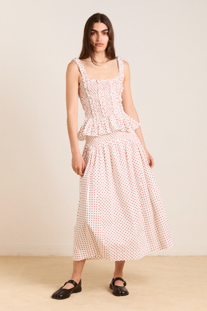 damson madder green polka dot dress Damson Madder Aoife Jacquard Green Spot Midi Dress