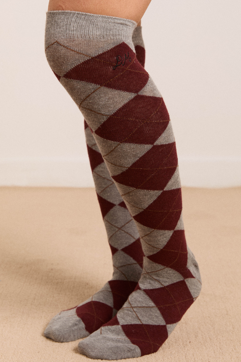 knee length argyle socks- grey and choc