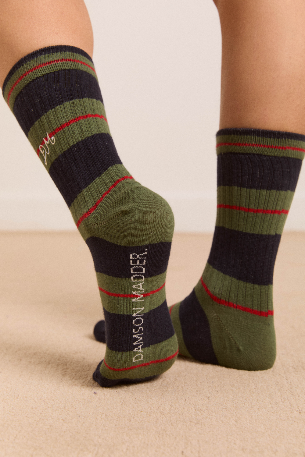 ribbed calf length socks -olive multi stripe