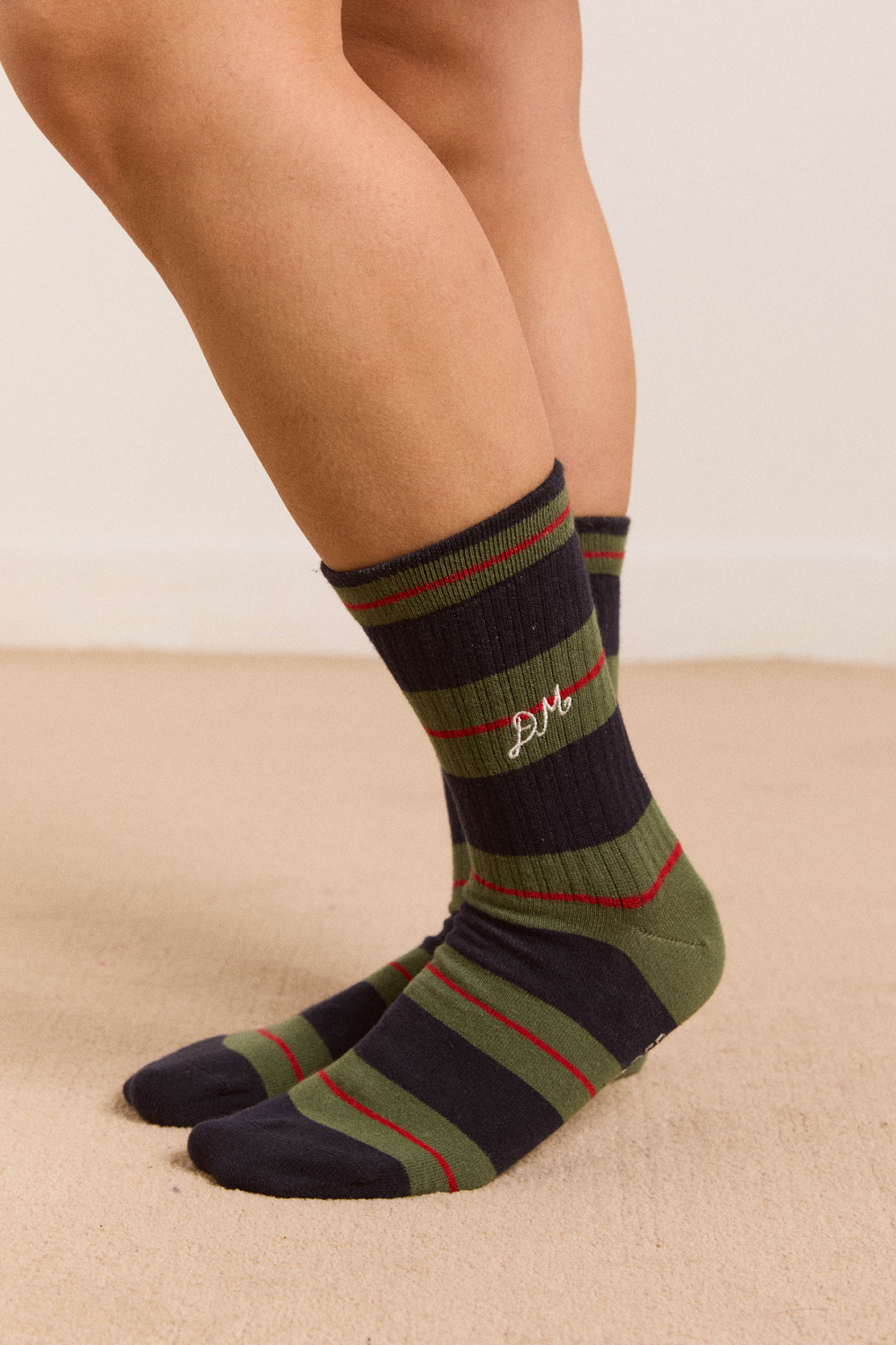 ribbed calf length socks -olive multi stripe
