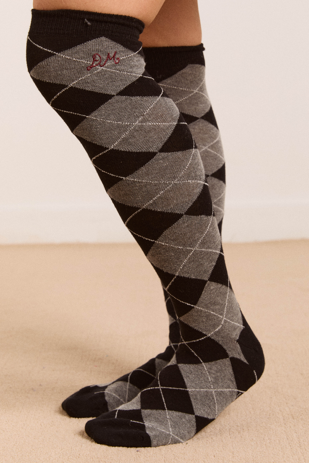 knee length argyle socks- grey and black
