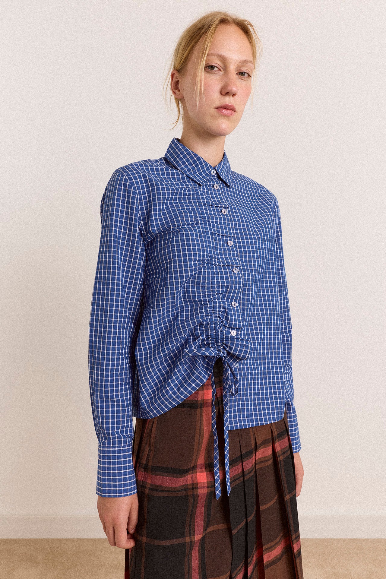 Talia Ruched Shirt - Blue Check – Damson Madder