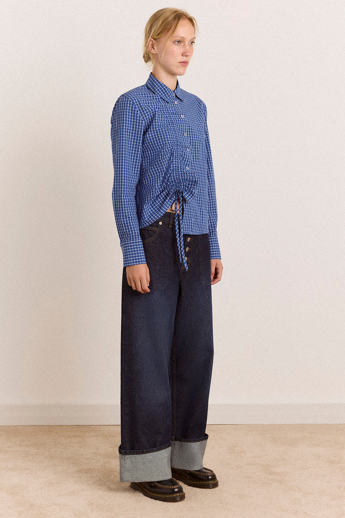 Talia Ruched Shirt - Blue Check