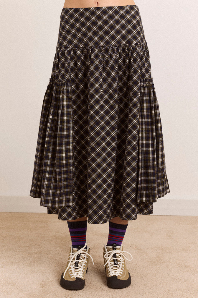 Berta Midi Skirt - Navy Green Check