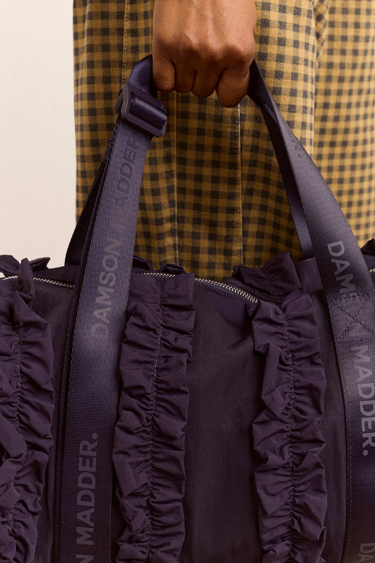 Brooke Frill Barrel Bag In Navy – Damson Madder