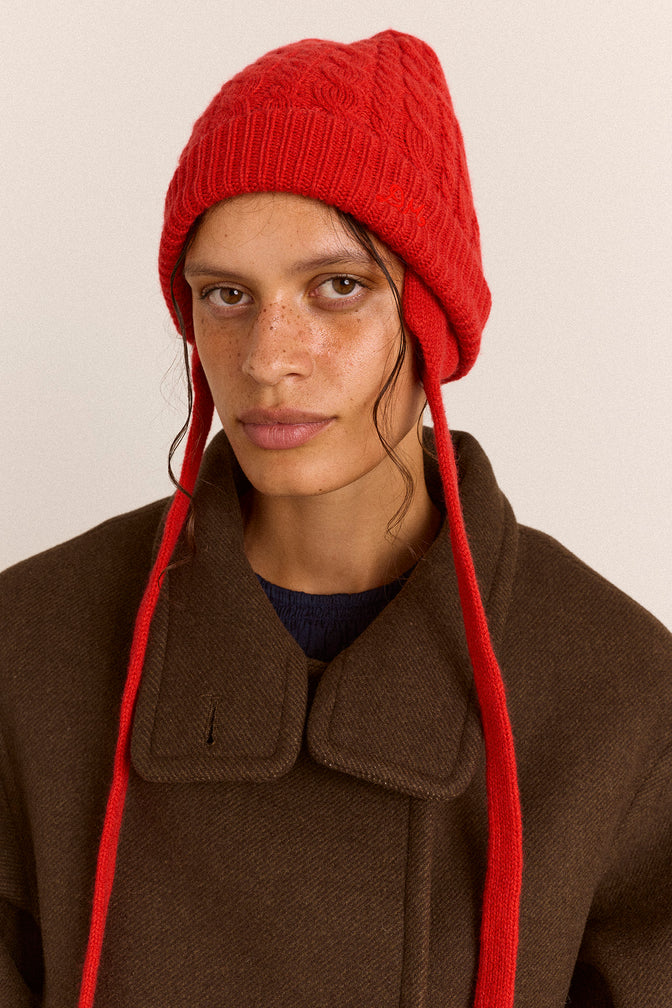 Cashmere / Wool Blend Mix Turn Up Tie Beanie - Red
