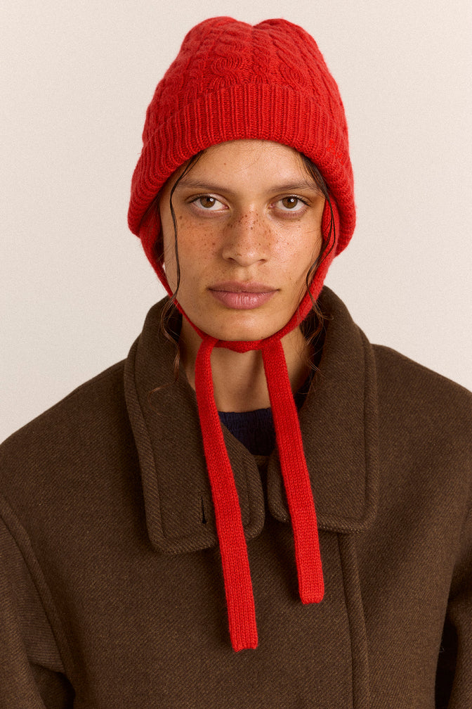 Cashmere / Wool Blend Mix Turn Up Tie Beanie - Red