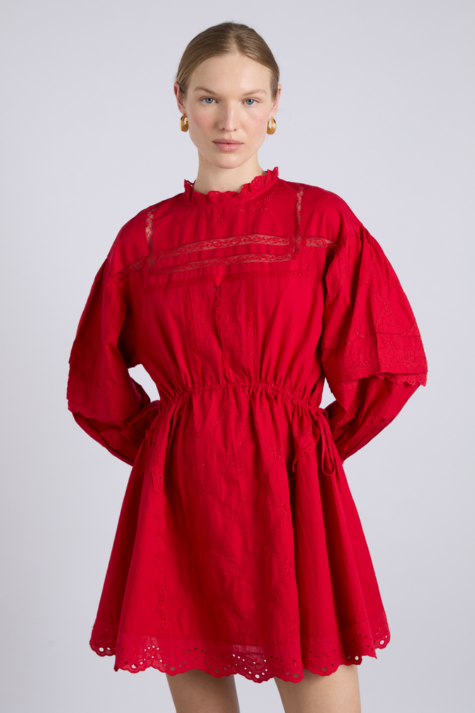 Clancy All Over Embroidered Mini Dress - Red