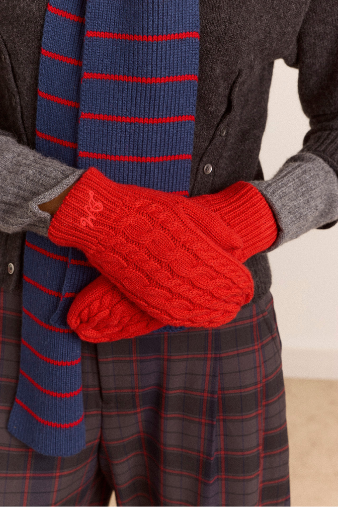 Cashmere / Wool Blend Cable Knit Mittens - Red