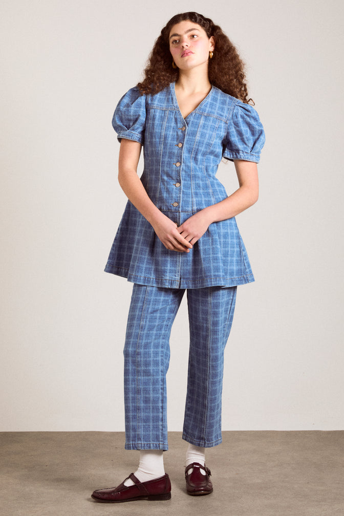 adeline denim mini dress - laser check