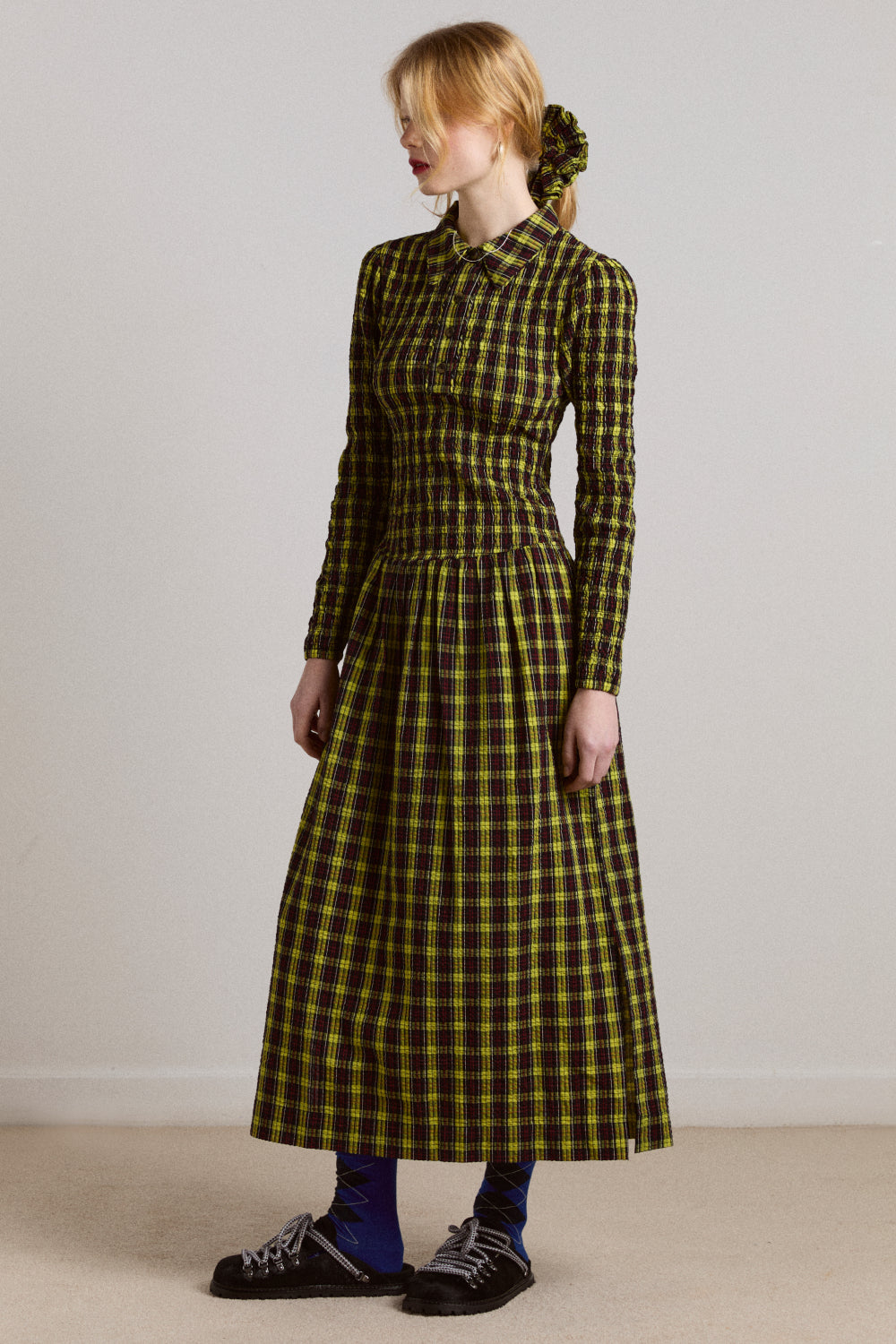 gingham long sleeve dress Damson Madder - Hazel Long Sleeve Midi Dress - Bold Yellow Check