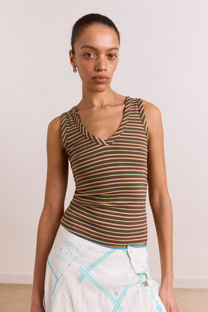Arlea V-Neck Tank - Brown Stripe