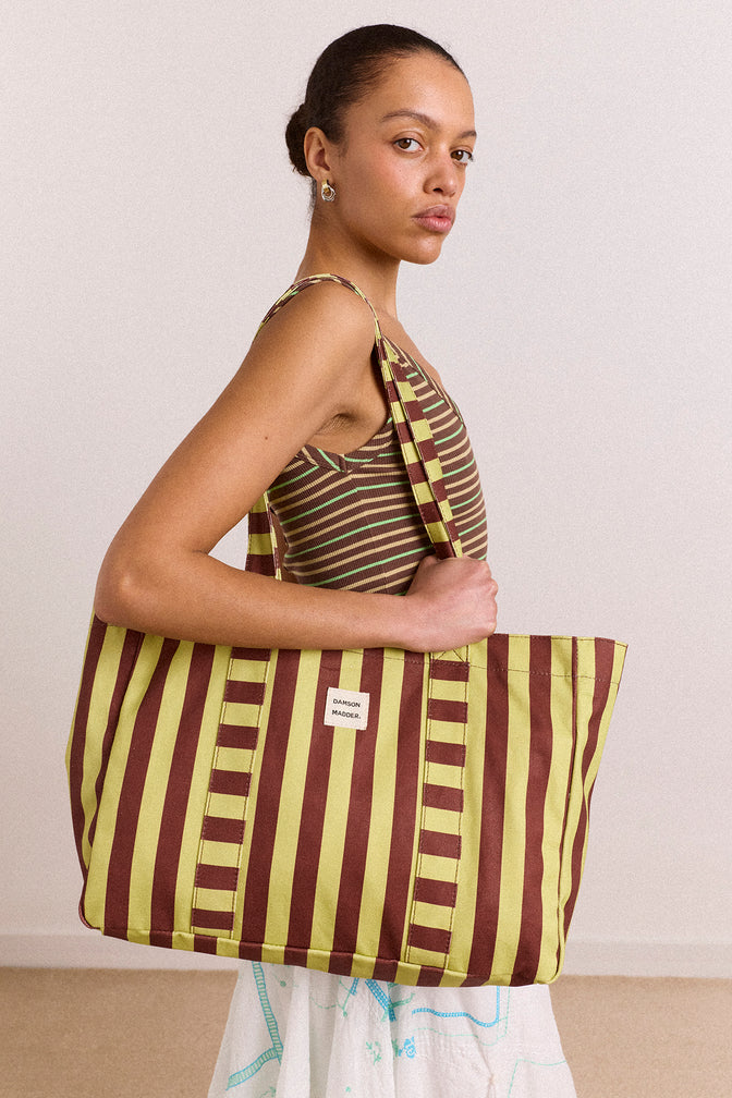 large canvas tote bag - green stripe