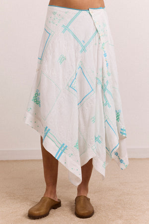 Corinne Hanky Hem Midi Skirt - White/Blue Embroidery