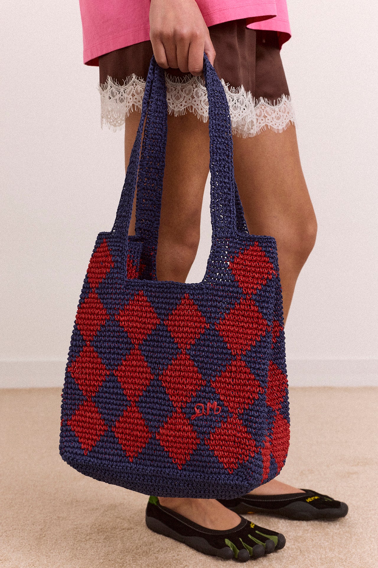 Harlequinn Raffia Tote Bag - Navy & Red – Damson Madder