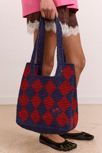 Harlequinn Raffia Tote Bag - Navy & Red