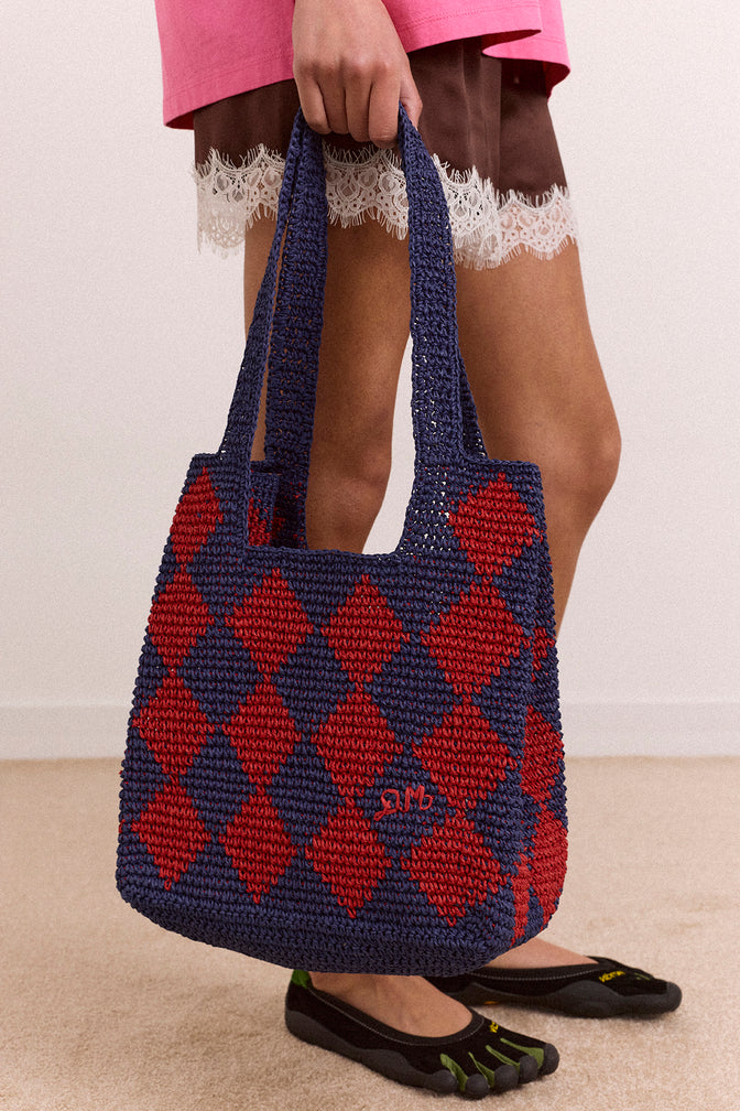 harlequinn raffia tote bag - navy & red
