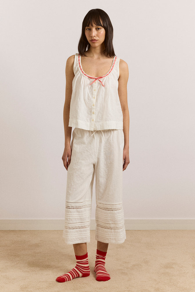 elodie trouser - white with red gingham tie
