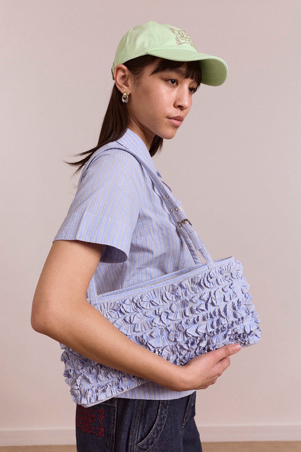 Sophia Ruffle Bag - Blue Business Stripe – Damson Madder