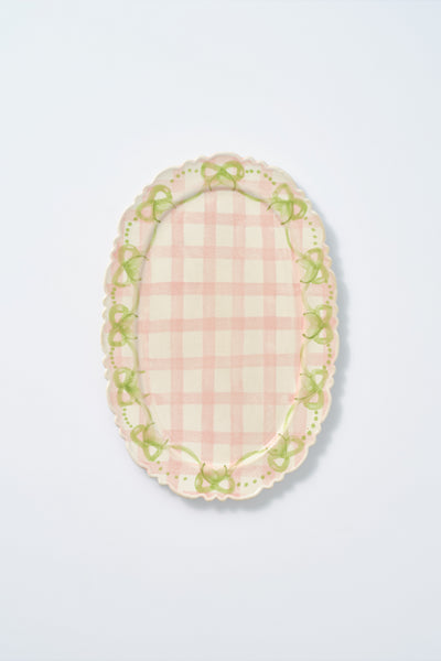 hand painted bow frill edge platter - pink gingham