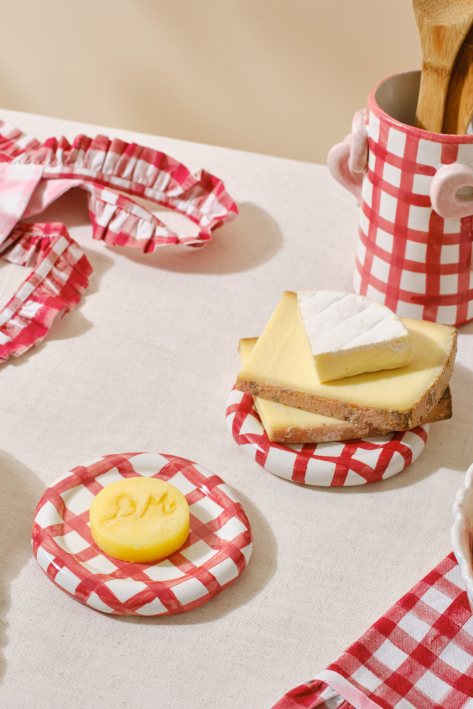 hand painted saucer - red gingham