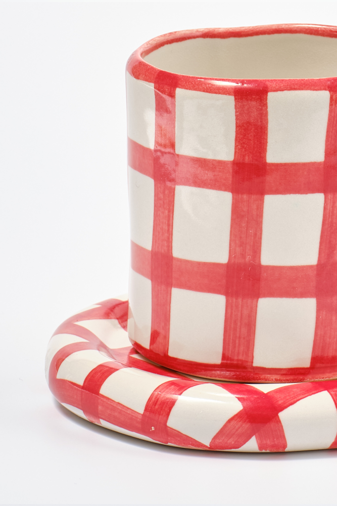 hand painted saucer - red gingham