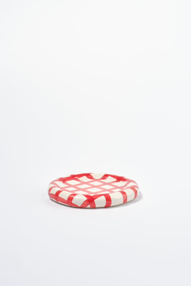 hand painted saucer - red gingham