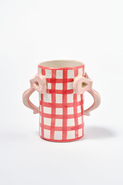 hand painted bow handle vase - red gingham