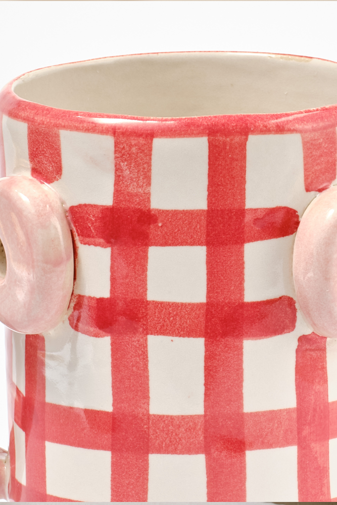 hand painted bow handle vase - red gingham