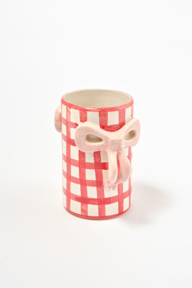 hand painted bow handle vase - red gingham