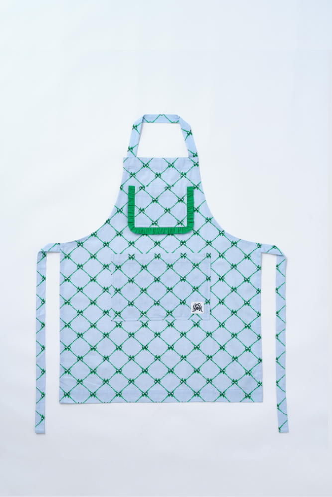 valerie apron - green & blue bow