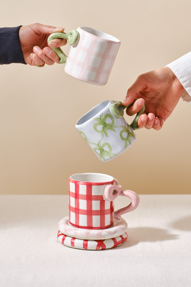 hand painted bow handle mug - pink gingham