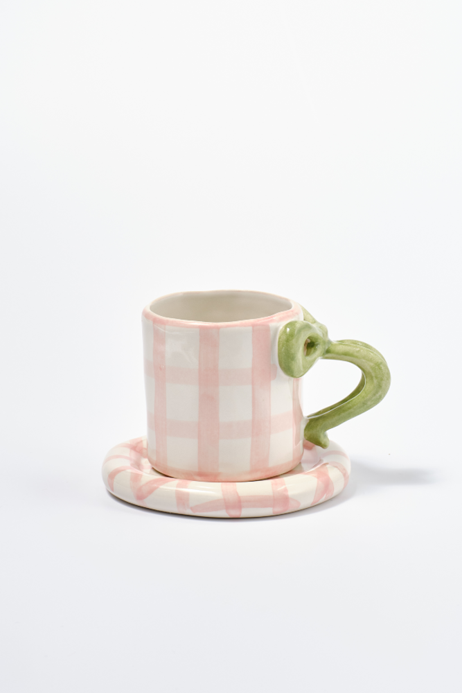 hand painted bow handle mug - pink gingham