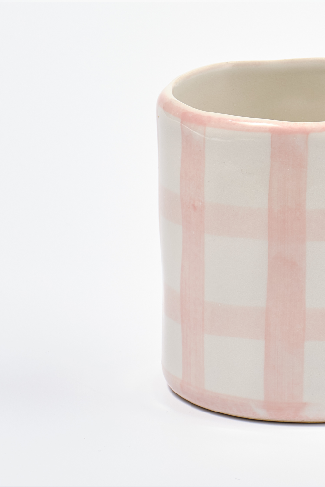 hand painted bow handle mug - pink gingham